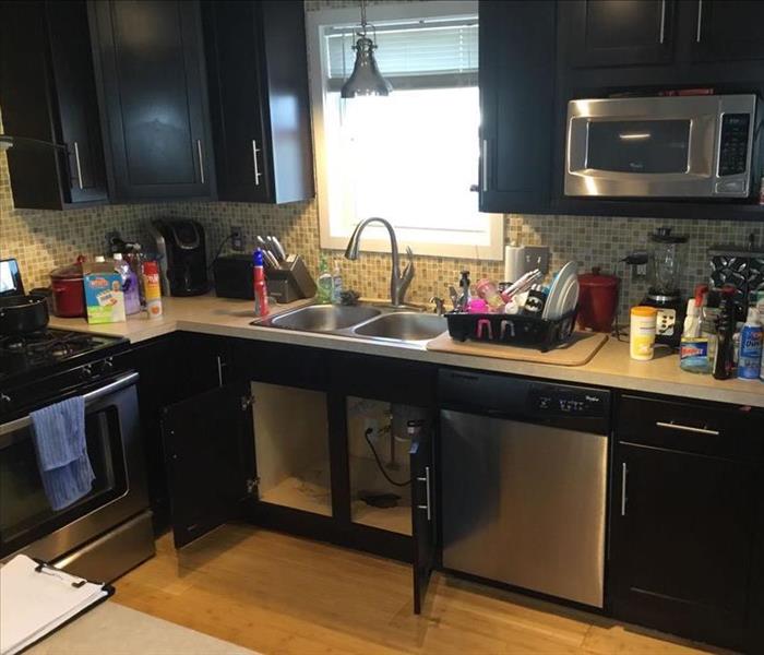 Kitchen cabinets with a leak under the sink.