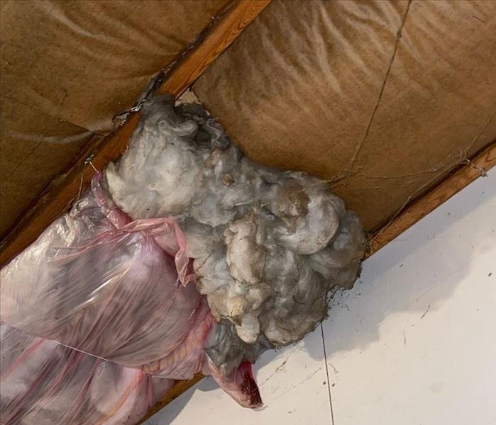 Insulation in a garage ceiling has been damaged by a fire. 